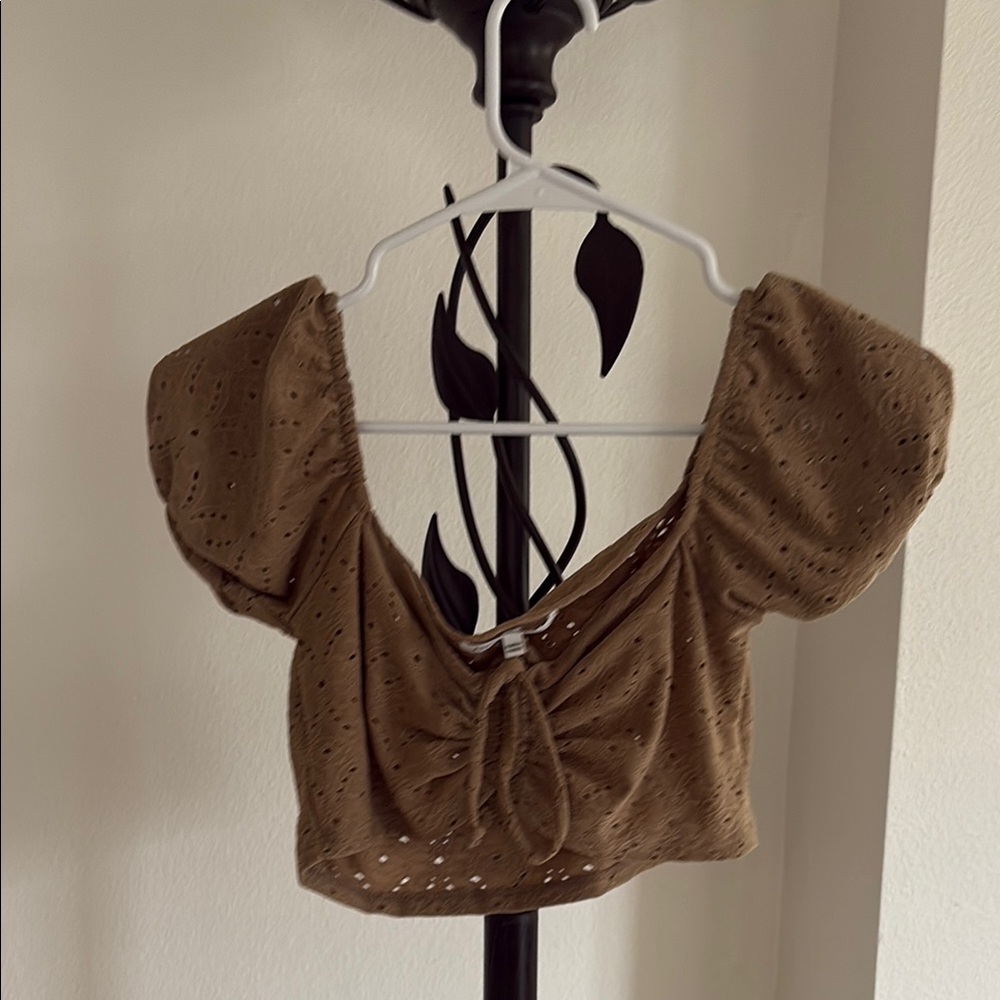 Brown Ruched Puff Sleeve Crop Top